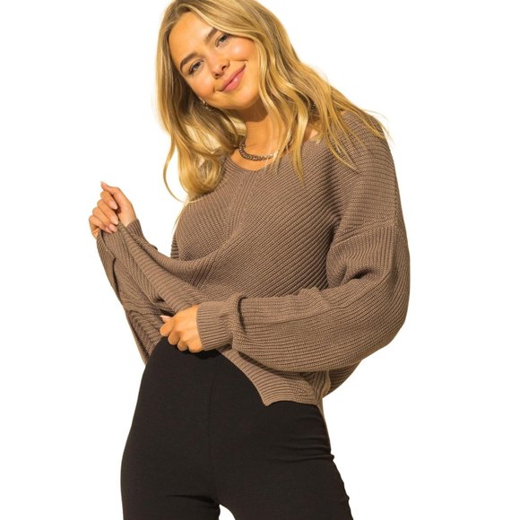 DOUBLE ZERO SMOKEY BROWN WOMENS LOOSE FIT V NECK SWEATER - NWT - SZ: S/M/L - Picture 5 of 9